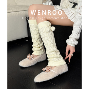 法式白色蝴蝶结水貂毛毛内增高单鞋女2026秋冬新款加绒平底芭蕾鞋