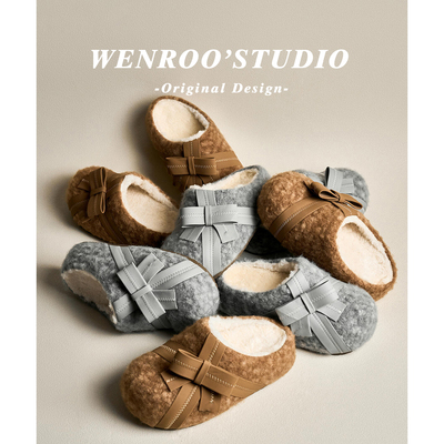 编织蝴蝶结棕色呢子勃肯鞋女外穿