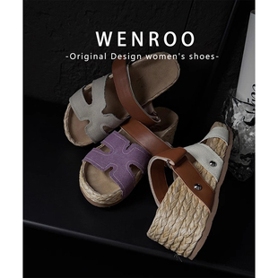 复古拼色草编织厚底凉鞋女夏季外穿2025新款海边沙滩一字勃肯拖鞋