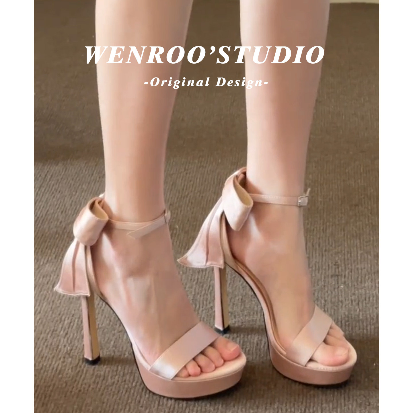 性感蝴蝶结一字带露趾高跟鞋女夏2026新款粉色气质防水台细跟凉鞋