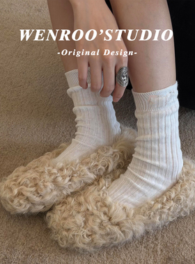 杏色浅口平底加绒芭蕾舞棉鞋女外穿2025秋冬新款法式圆头毛毛单鞋