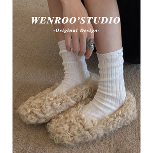 杏色浅口平底加绒芭蕾舞棉鞋女外穿2025秋冬新款法式圆头毛毛单鞋