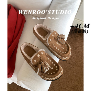 外穿保暖真皮包头拖鞋 女冬季 棕色流苏绣线加绒厚底勃肯鞋 牛皮版