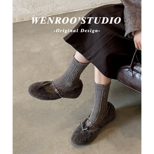 灰色复古流苏坡跟加绒芭蕾单鞋女2025秋冬新款一字带玛丽珍毛毛鞋