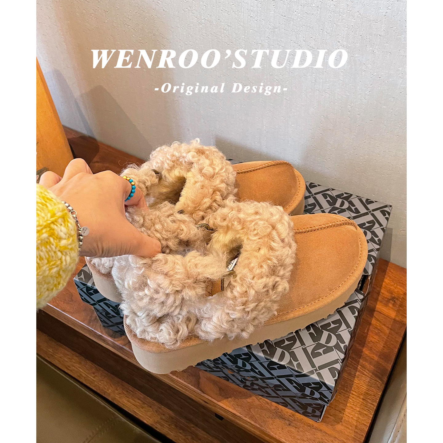 复古厚底后绊带勃肯毛毛鞋女外穿