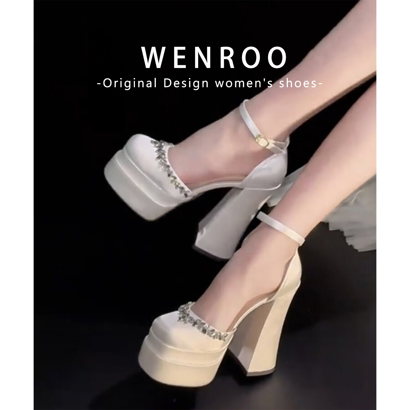 超厚绝美防水台~2025新款法式水钻绸缎带中空粗跟玛丽珍高跟鞋女