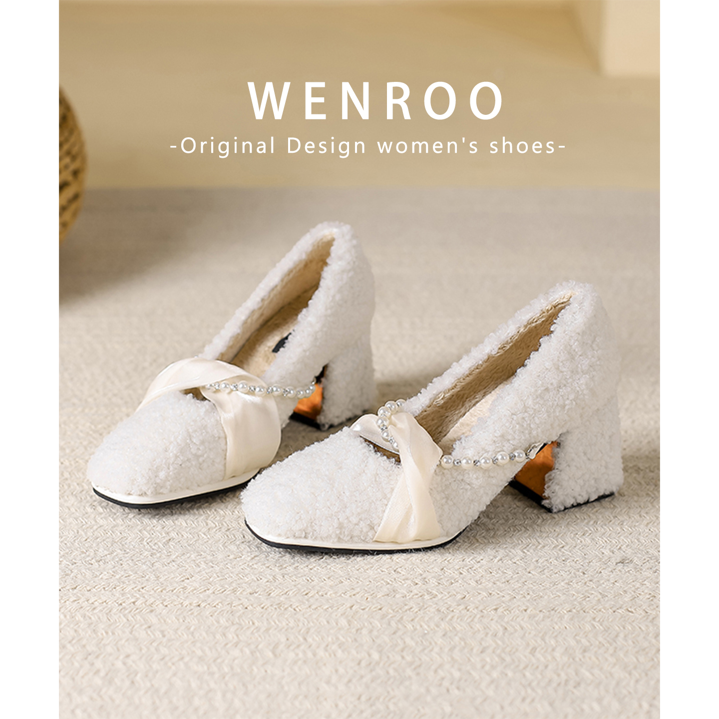 法式温柔珍珠粗跟毛毛单鞋女秋冬