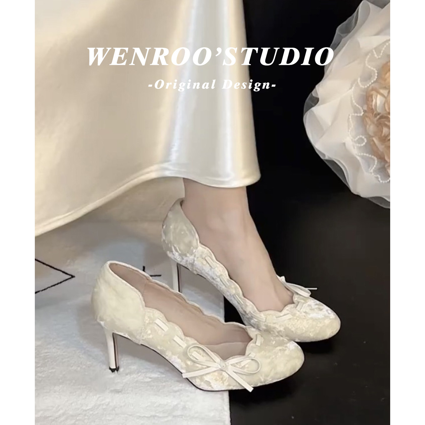 白色绒面蝴蝶结高跟鞋女法式婚鞋伴娘鞋2026春季新款气质细跟单鞋