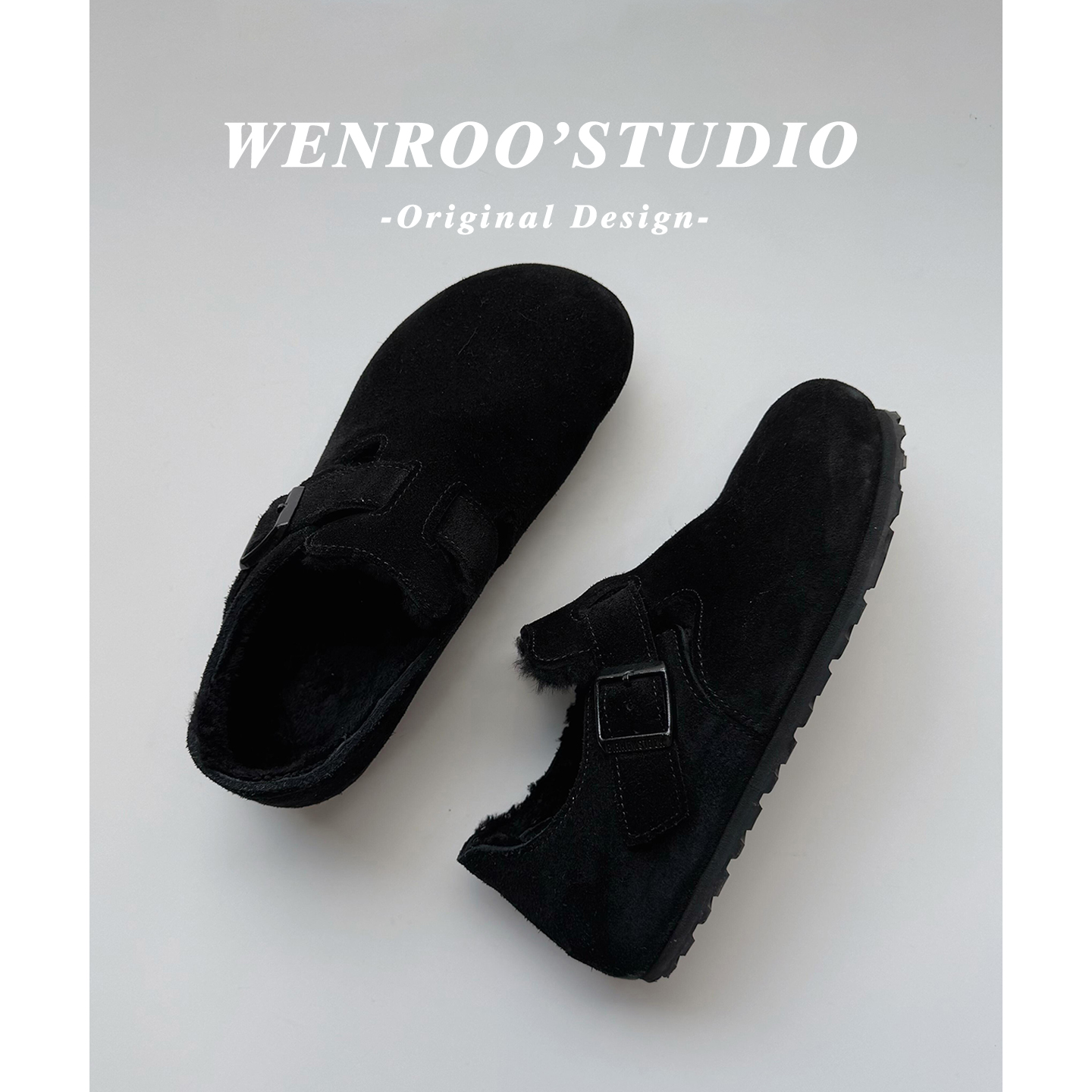 黑色真皮加绒全包勃肯鞋秋冬外穿