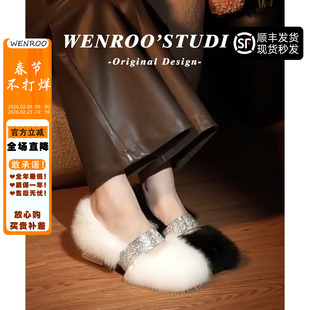 气质水貂毛毛高跟鞋女粗跟2025秋冬新款高级感水钻加绒玛丽珍单鞋