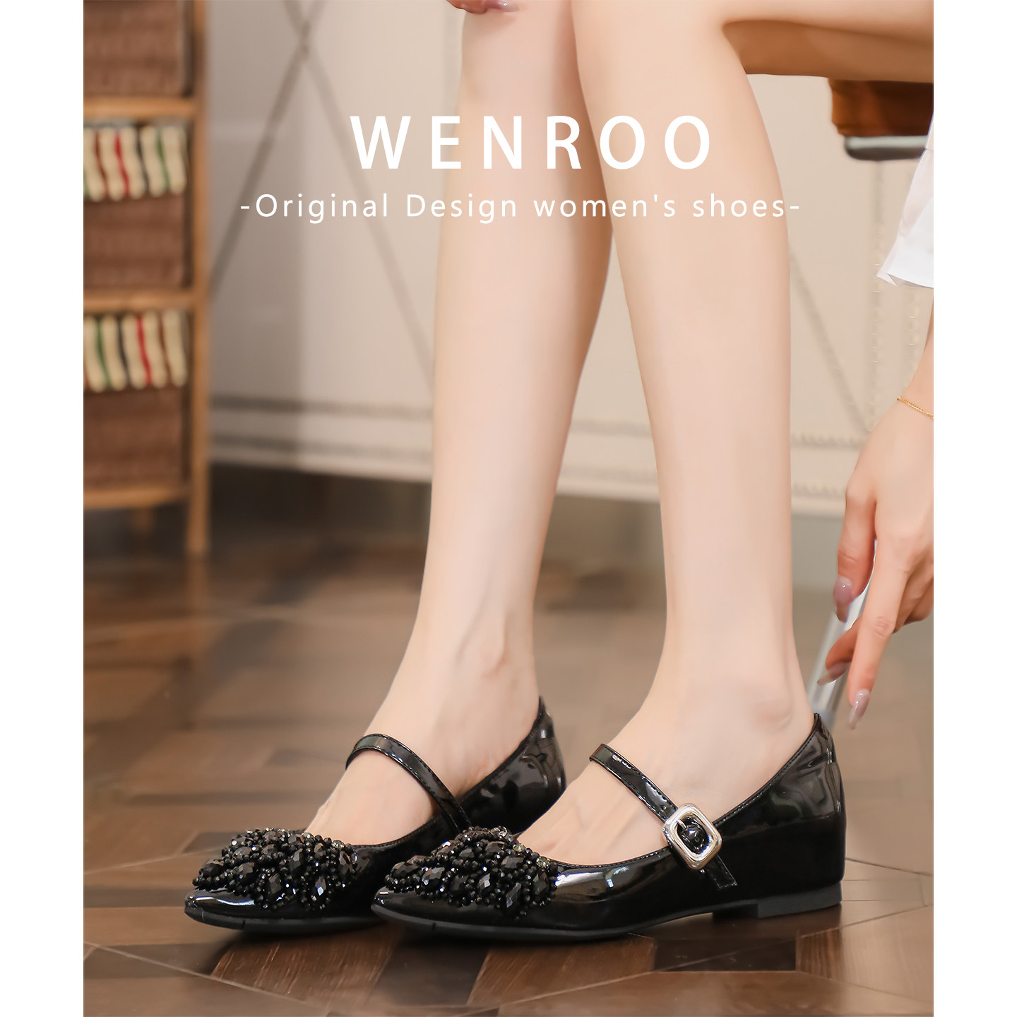 法式黑色水钻一字带平底玛丽珍女2026春季新款黑色内增高尖头单鞋