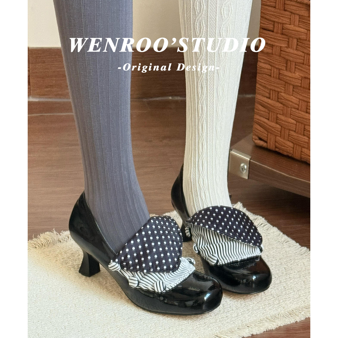 中古设计感褶皱翻折波点圆头高跟鞋女春2026新款法式黑色复古单鞋,女鞋,浅口单鞋,淘宝优惠券,粉丝福利购,淘宝优惠卷