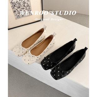 法式波点铆钉方头芭蕾舞鞋女2026春季新款白色蝴蝶结浅口平底单鞋