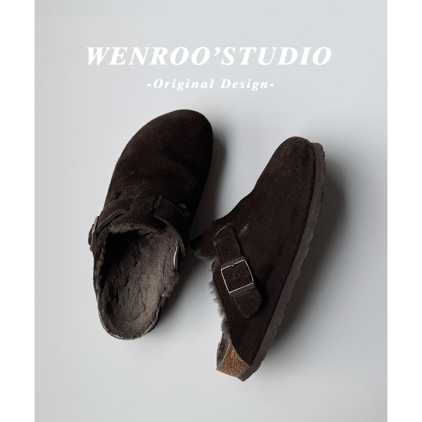 摩卡色真皮加绒厚底勃肯鞋女外穿