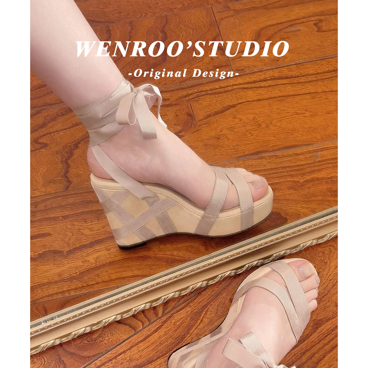 法式增高厚底坡跟罗马鞋女2026夏季新款粉色交叉绑带中古高跟凉鞋