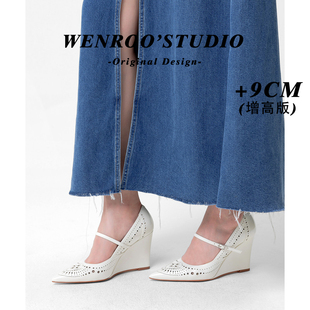 法式雕花纹尖头扣带玛丽珍高跟鞋女2026春夏新款白色浅口坡跟单鞋