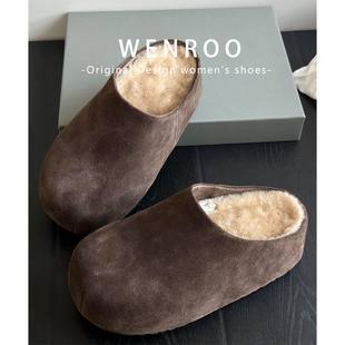 牛皮版！增高6CM厚底加绒勃肯鞋女冬季外穿一脚蹬包头毛毛半拖鞋