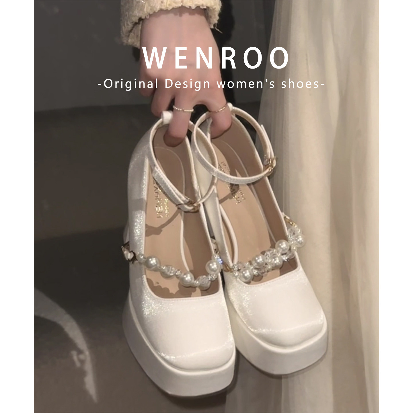 18岁成人礼白色珍珠带防水台高跟鞋法式婚纱鞋伴娘鞋气质粗跟单鞋