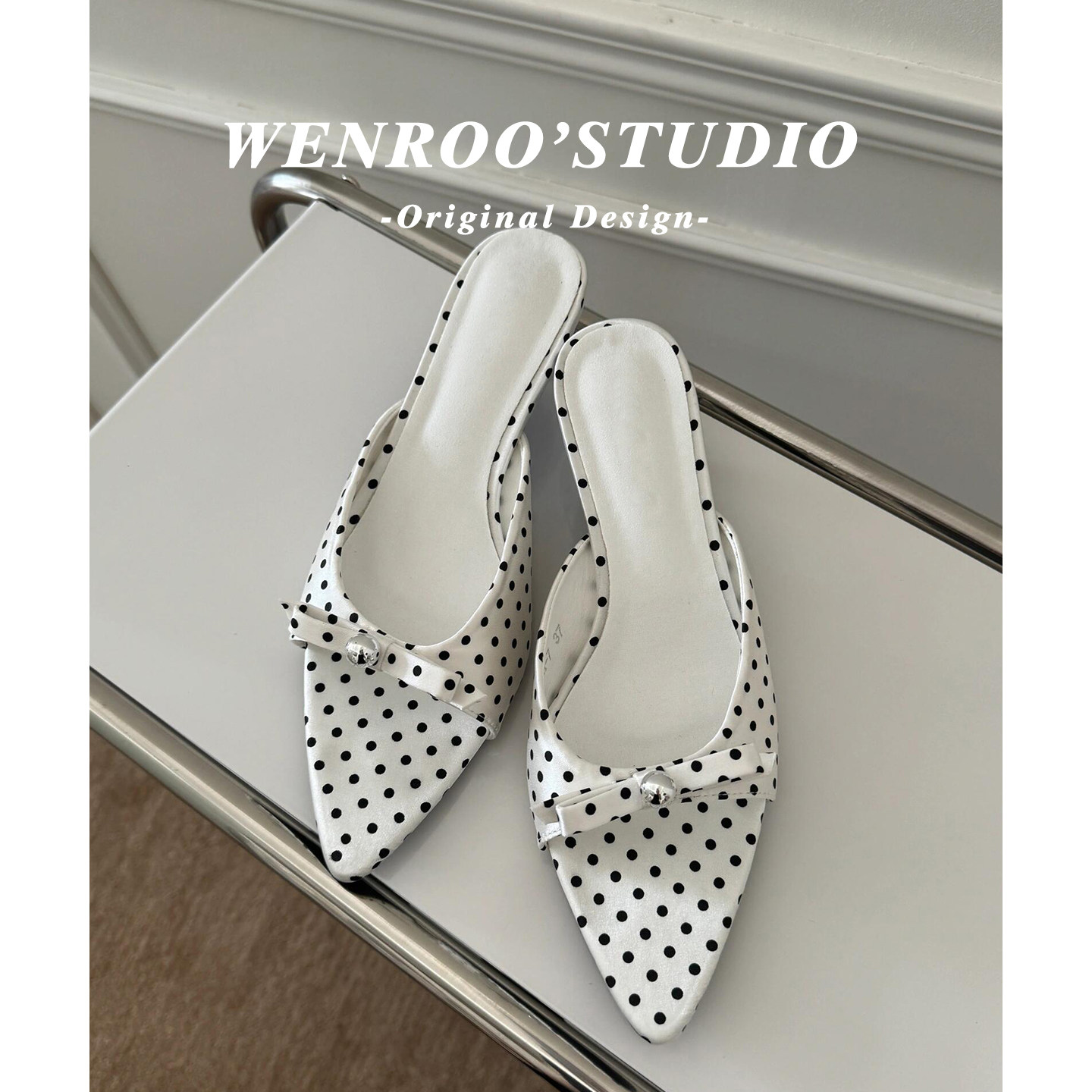 法式白色波点尖头露趾小跟凉鞋女2026夏季新款蝴蝶结一字高跟拖鞋