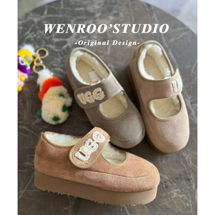 增高6CM厚底加绒豆豆棉鞋女外穿2025秋冬新款复古真皮玛丽珍单鞋