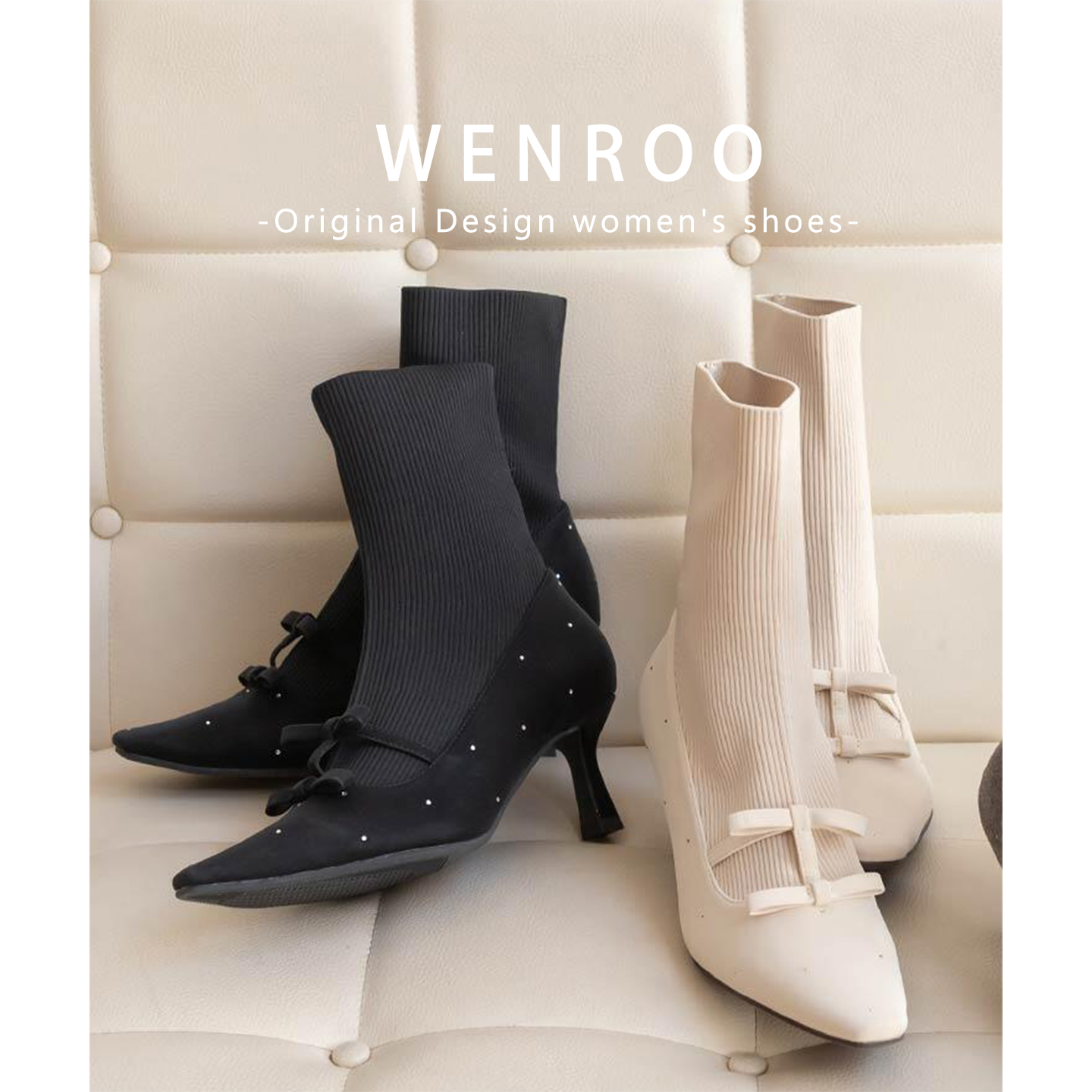 优雅蝴蝶结水钻方头高跟针织袜靴