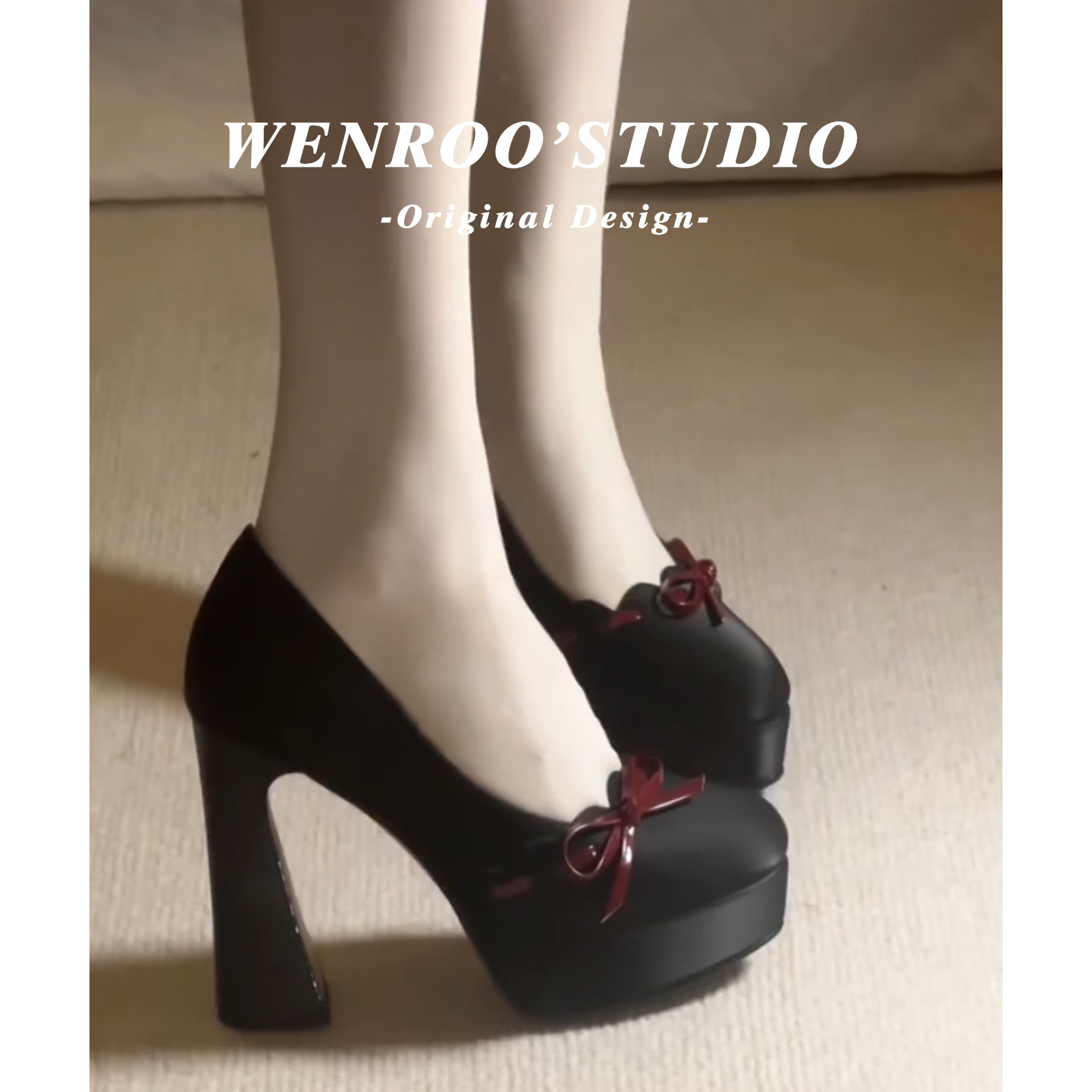 黑色蝴蝶结小个子高跟鞋女粗跟2026春季新款法式复古浅口尖头单鞋