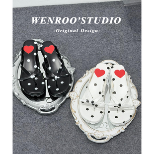 性感波点夹趾蝴蝶结高跟凉鞋女2026夏季新款白色度假风海边人字拖