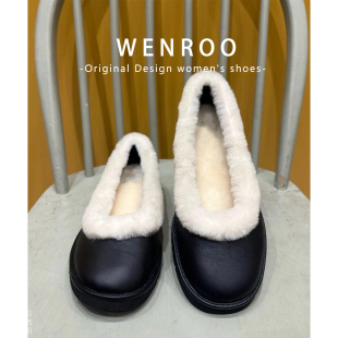 牛皮版！黑色小众平底毛毛鞋女外穿2025秋冬新款法式通勤加绒单鞋