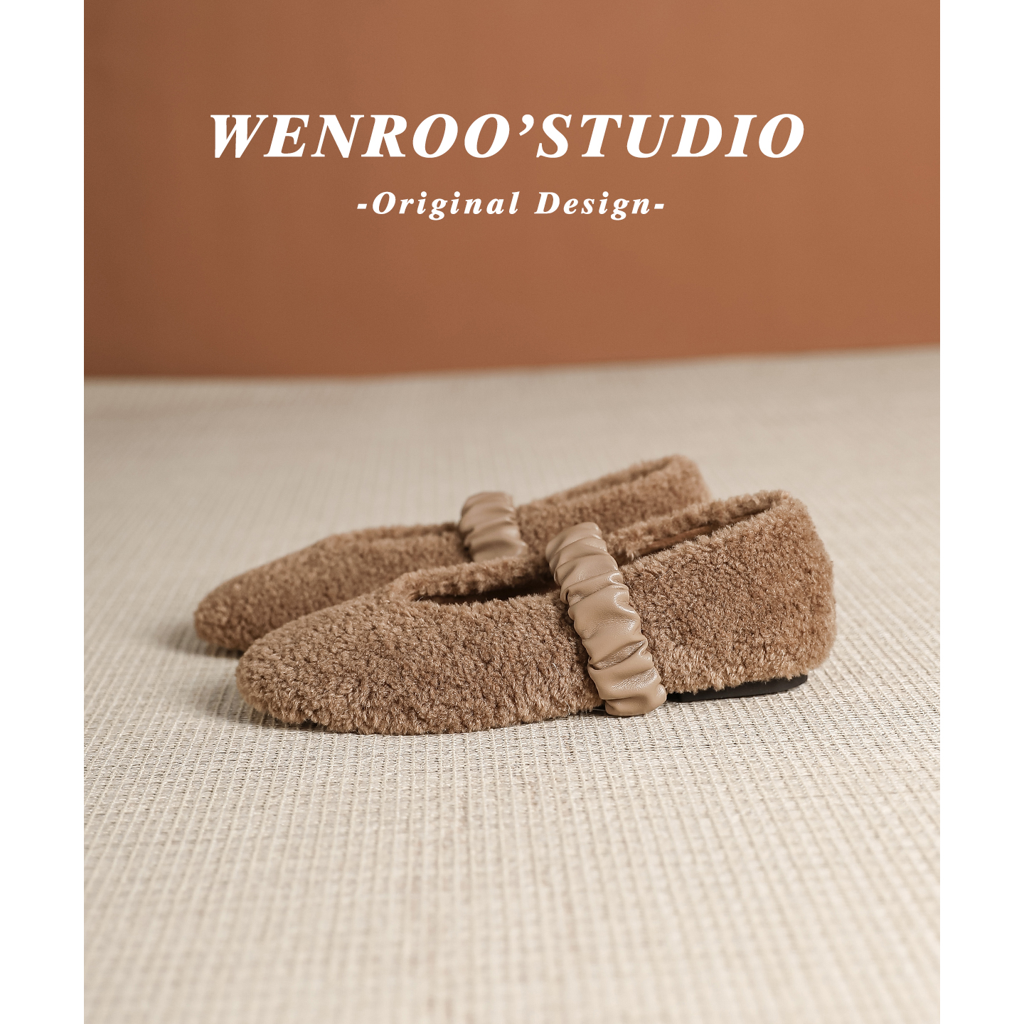 复古棕色一字带平底玛丽珍毛毛鞋女2025秋冬新款加绒芭蕾舞棉单鞋