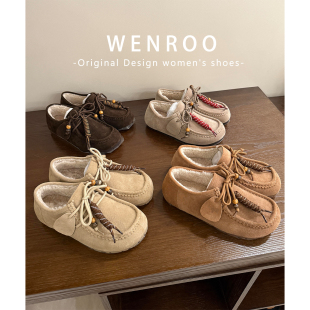 真皮系带内增高乐福单鞋女秋冬复古加绒袋鼠鞋全包毛毛豆豆勃肯鞋