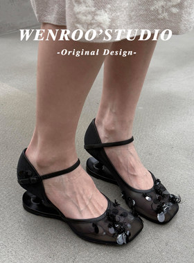 黑色网纱亮片一字带中空凉鞋女