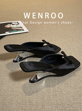 黑色异型坡跟蝴蝶结凉鞋女夏外穿2025新款复古蝴蝶结方头高跟拖鞋