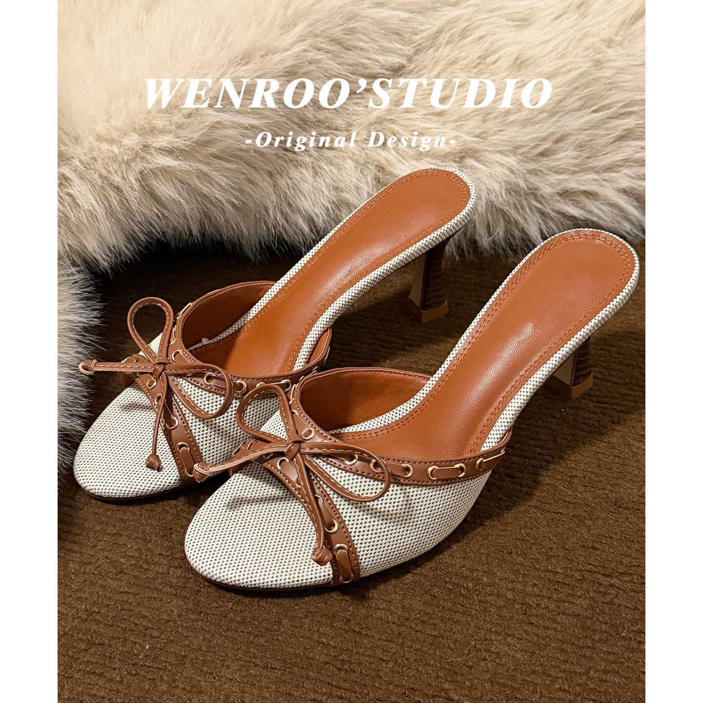 编织亚麻蝴蝶结露趾细跟凉鞋女外穿2026新款灰白色一脚蹬高跟拖鞋