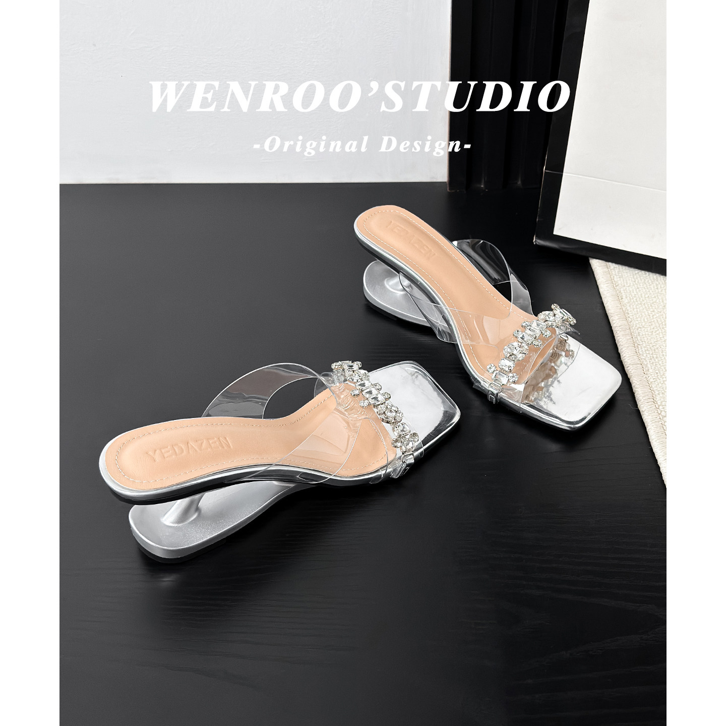 银色性感透明PVC水钻悬浮跟小凉拖女夏外穿法式露趾度假高跟拖鞋