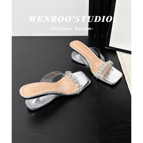 银色性感透明PVC水钻悬浮跟凉拖