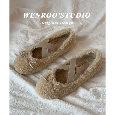 法式蝴蝶结加绒玛丽珍毛毛鞋女款