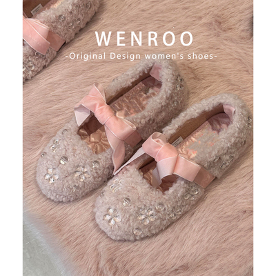 韩国粉色水晶花系带玛丽珍毛毛鞋