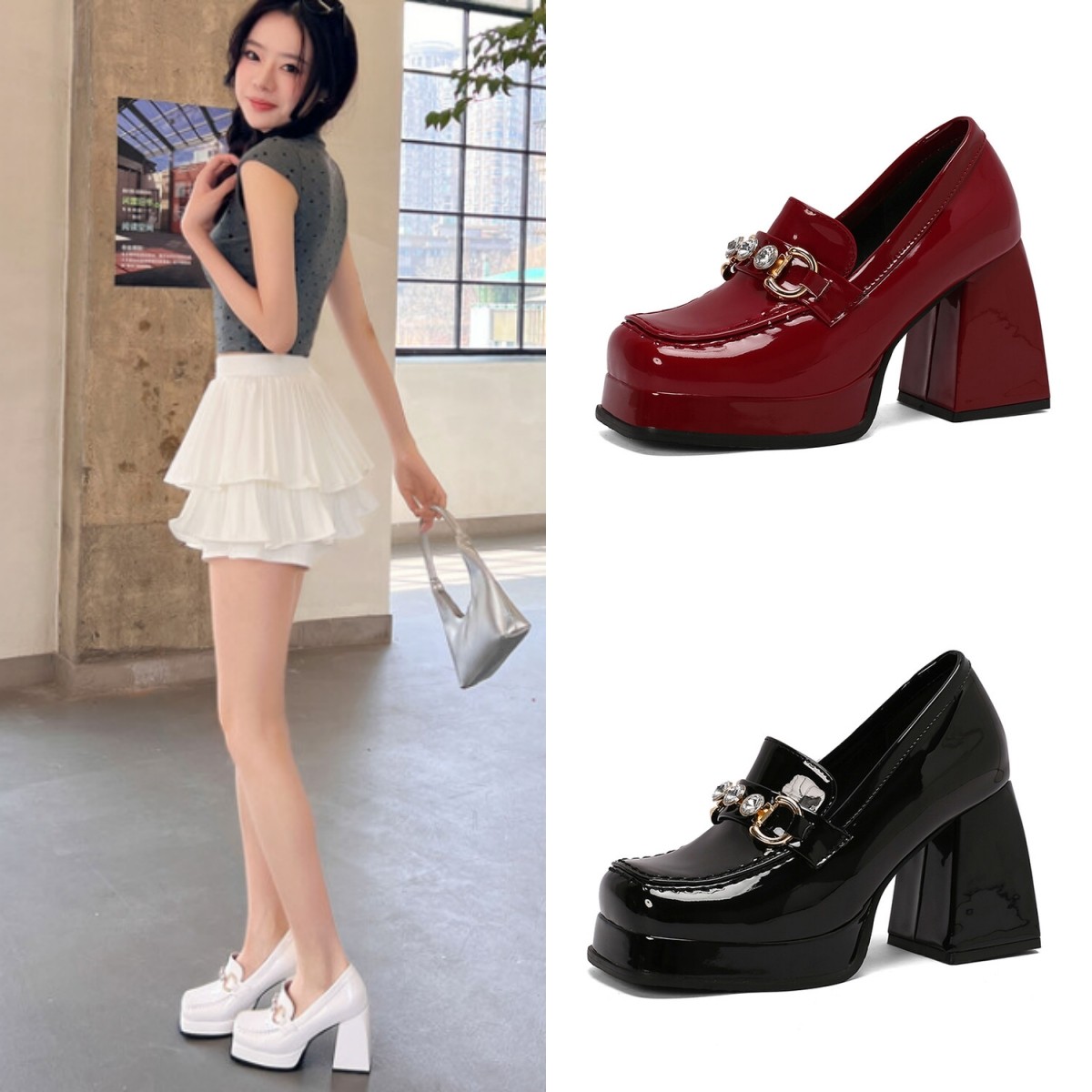 新款英伦风水钻浅口高跟鞋