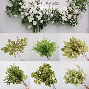 新款 饰路引花排插花背景花艺 仿真绿色叶子森系绿植婚庆花材婚礼装