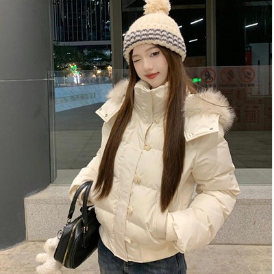 美式复古大毛领连帽白色羽绒棉服外套女2025秋冬季新款加厚面包服