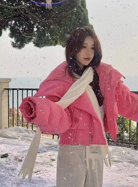 白鸭绒羽绒棉袄女2026冬季新款高腰羊羔毛大翻领短款面包服外套潮