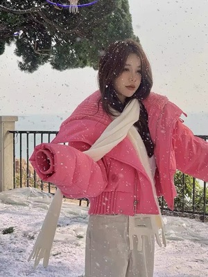 白鸭绒羽绒棉袄女2025冬季新款高腰羊羔毛大翻领短款面包服外套潮