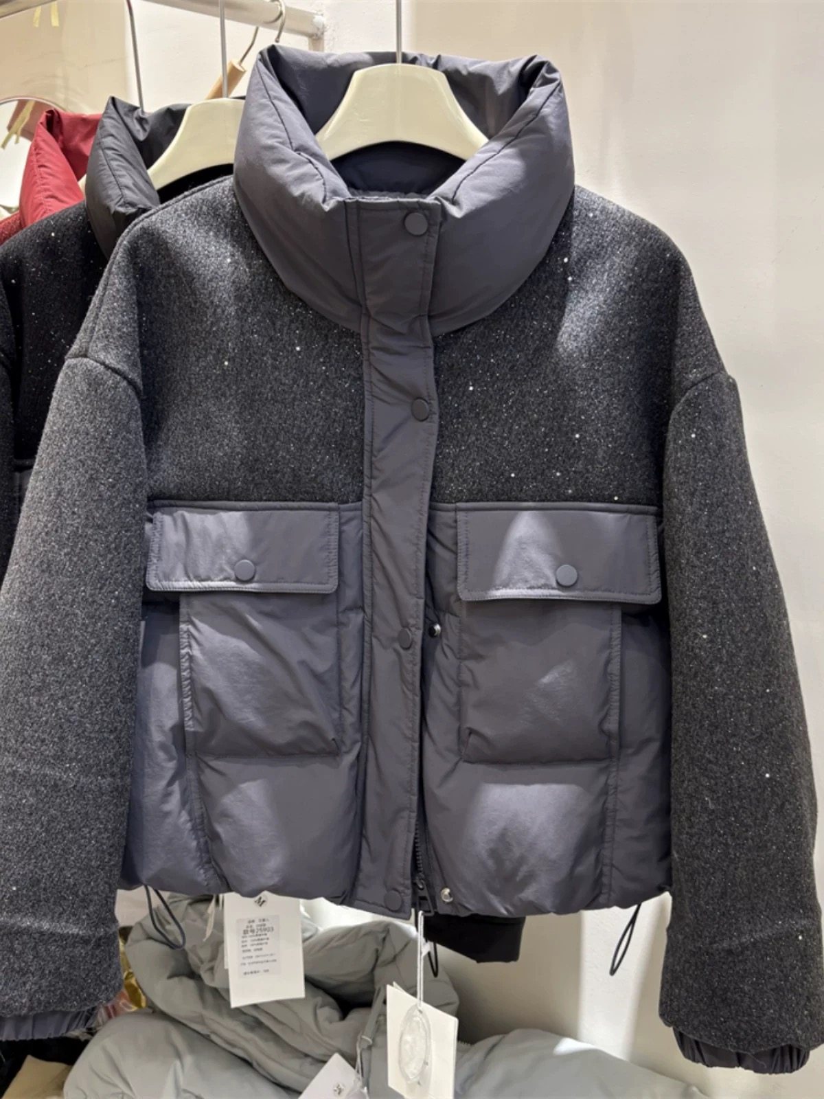 圣诞红立领亮片拼接毛呢羽绒棉服外套女2025冬宽松棉衣加厚上衣潮