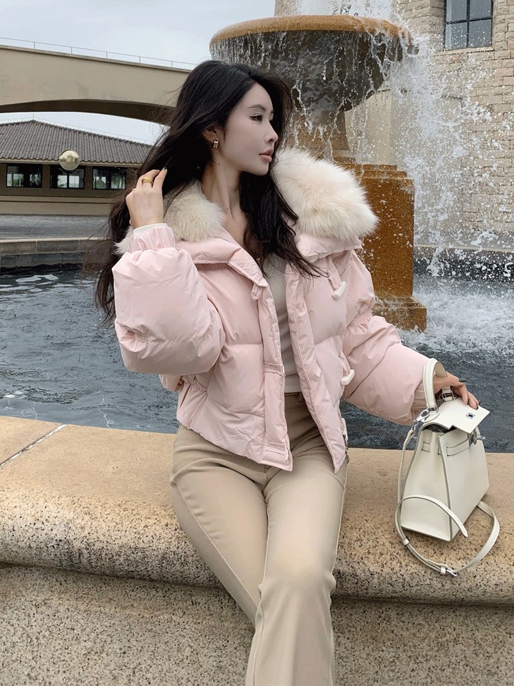 粉色大毛领羽绒棉服女2025冬季新款韩版小个子加厚保暖棉衣外套