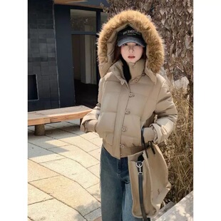 冬季保暖卡其色毛领连帽短款羽绒棉服女2025新款宽松加厚棉衣外套