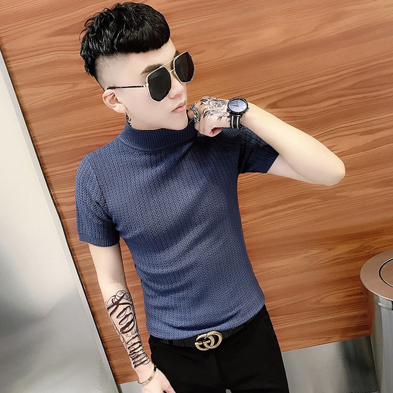 潮牌百搭秋冬半高领毛衣男网红新款韩版纯色修身短袖针织打底衫