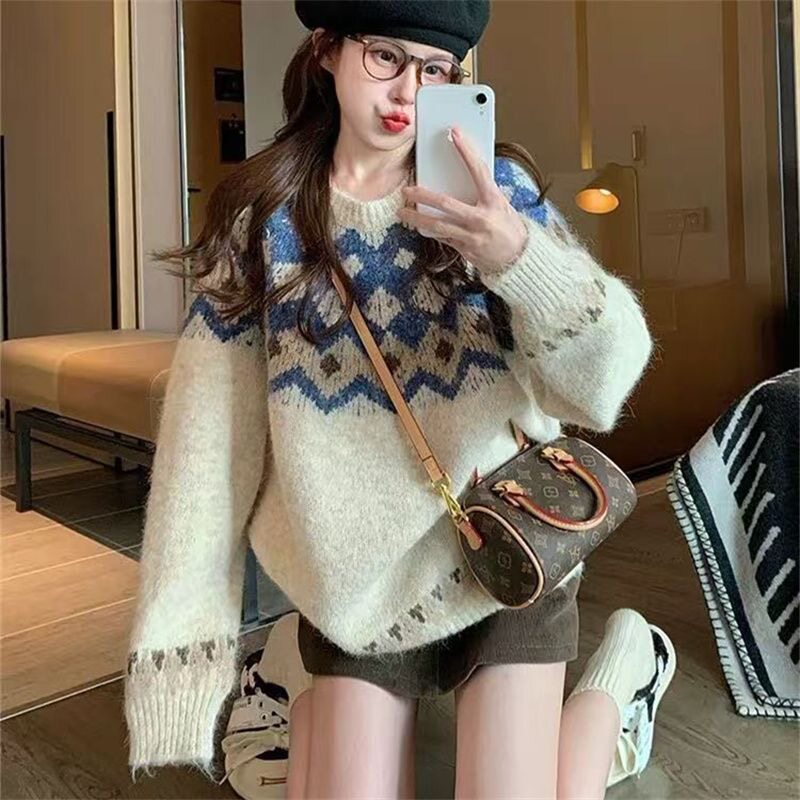 费尔岛套头毛衣女冬季加厚港味复古奶fufu慵懒风小个子内搭针织衫