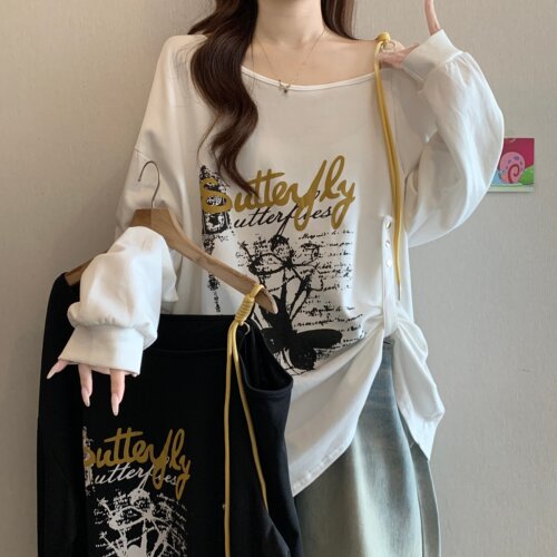 设计感露肩长袖T恤女2026秋季大码胖mm遮肚藏肉别致今年流行上衣