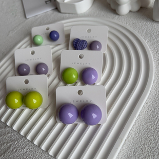 ins紫色韩系925纯银耳环圆球耳钉 多巴胺 原创 莫兰迪艺术配色