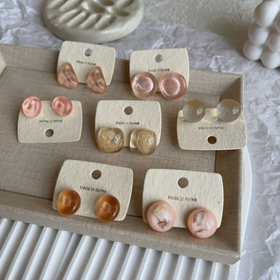 灰粉多巴胺925纯银耳环几何树脂耳钉 纯欲杏粉 原创 白茶蜜瓜色